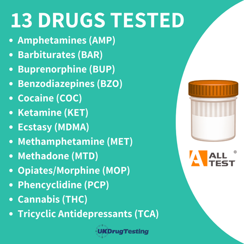 ALLTEST 13 panel urine drug screening test cup with the list of drugs it detects
